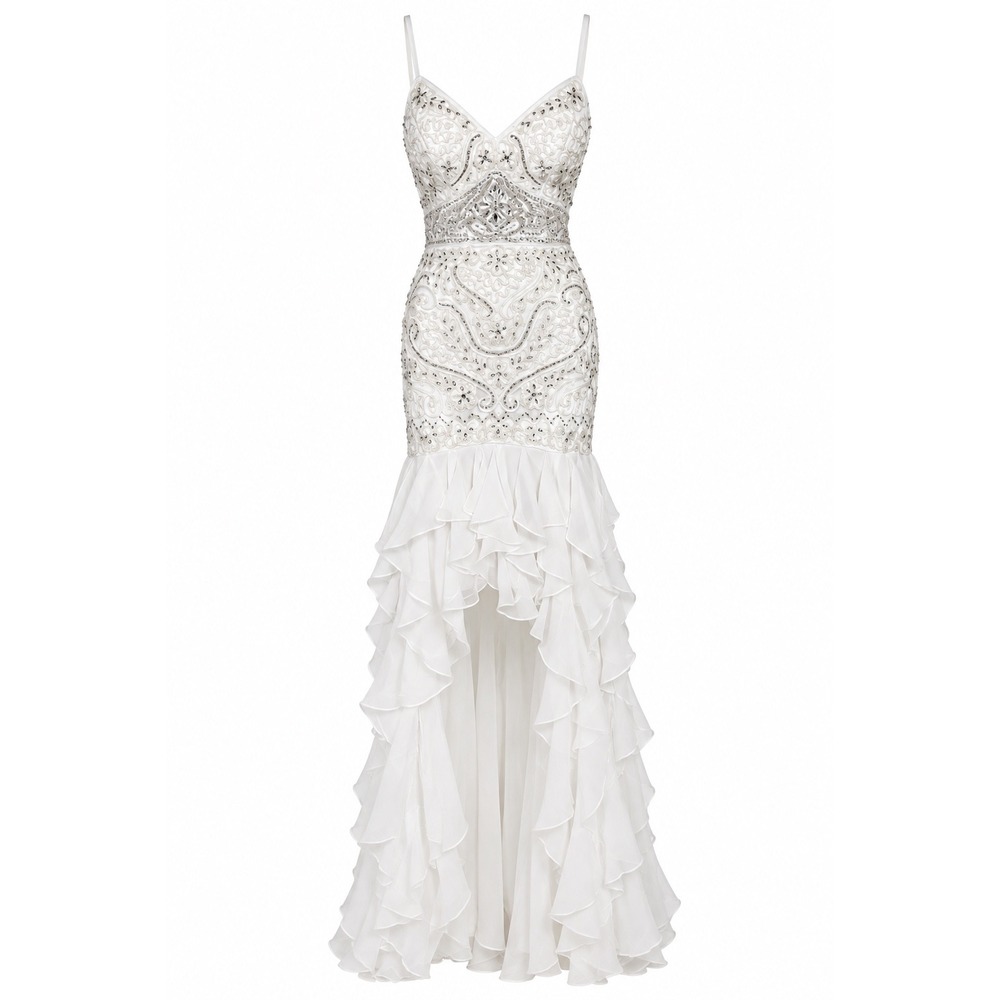 Sue Wong Nocturne Vintage Embellished High Low Ruffle Gown White Sz 2 Formal